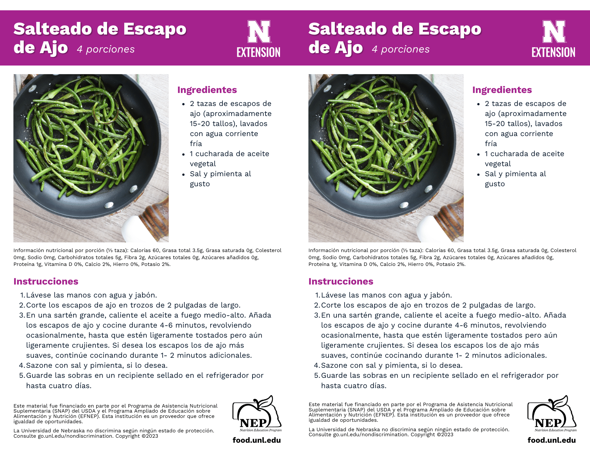 Sautéed Garlic Scapes Recipe Handouts - Spanish