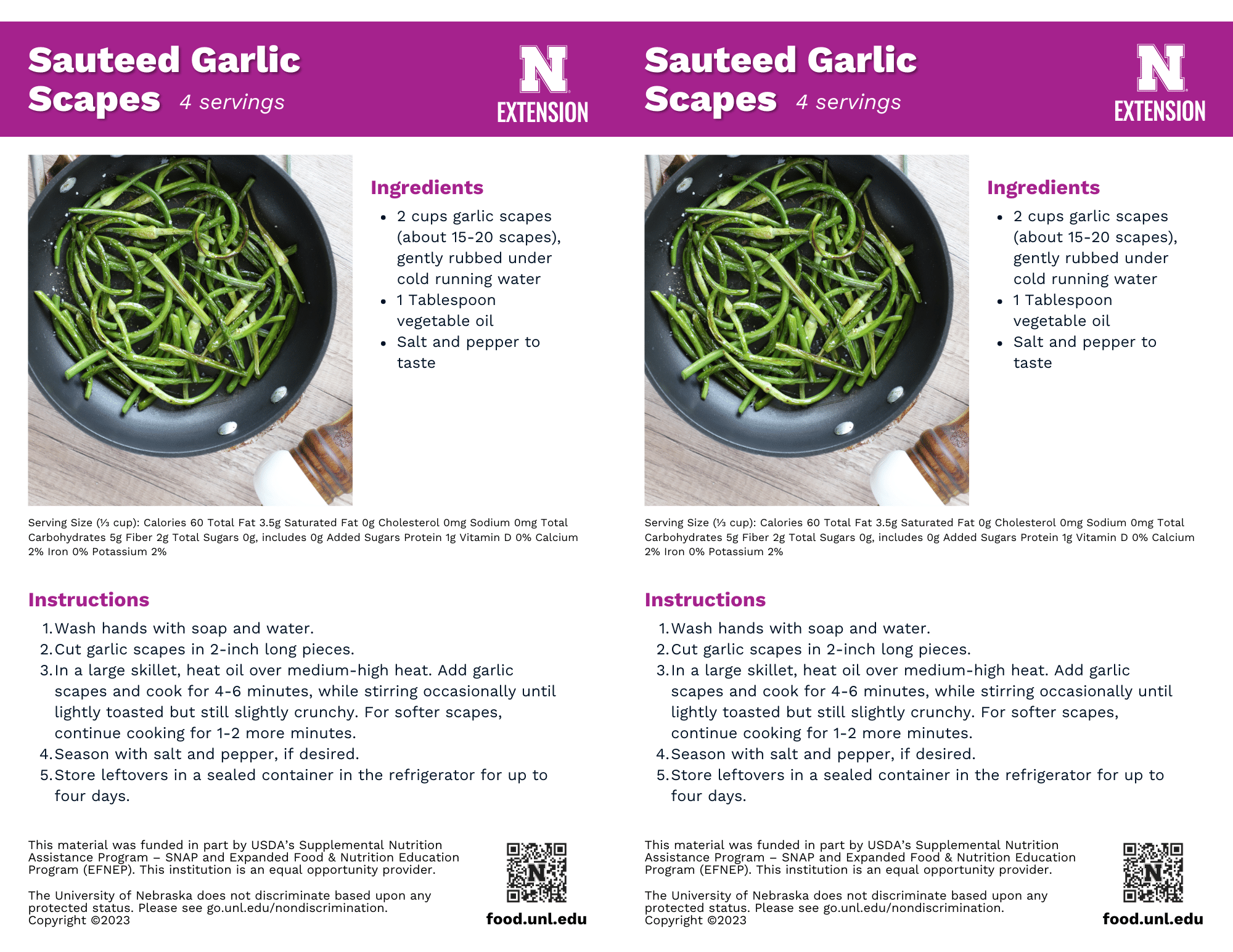 Sautéed Garlic Scapes Recipe Handouts