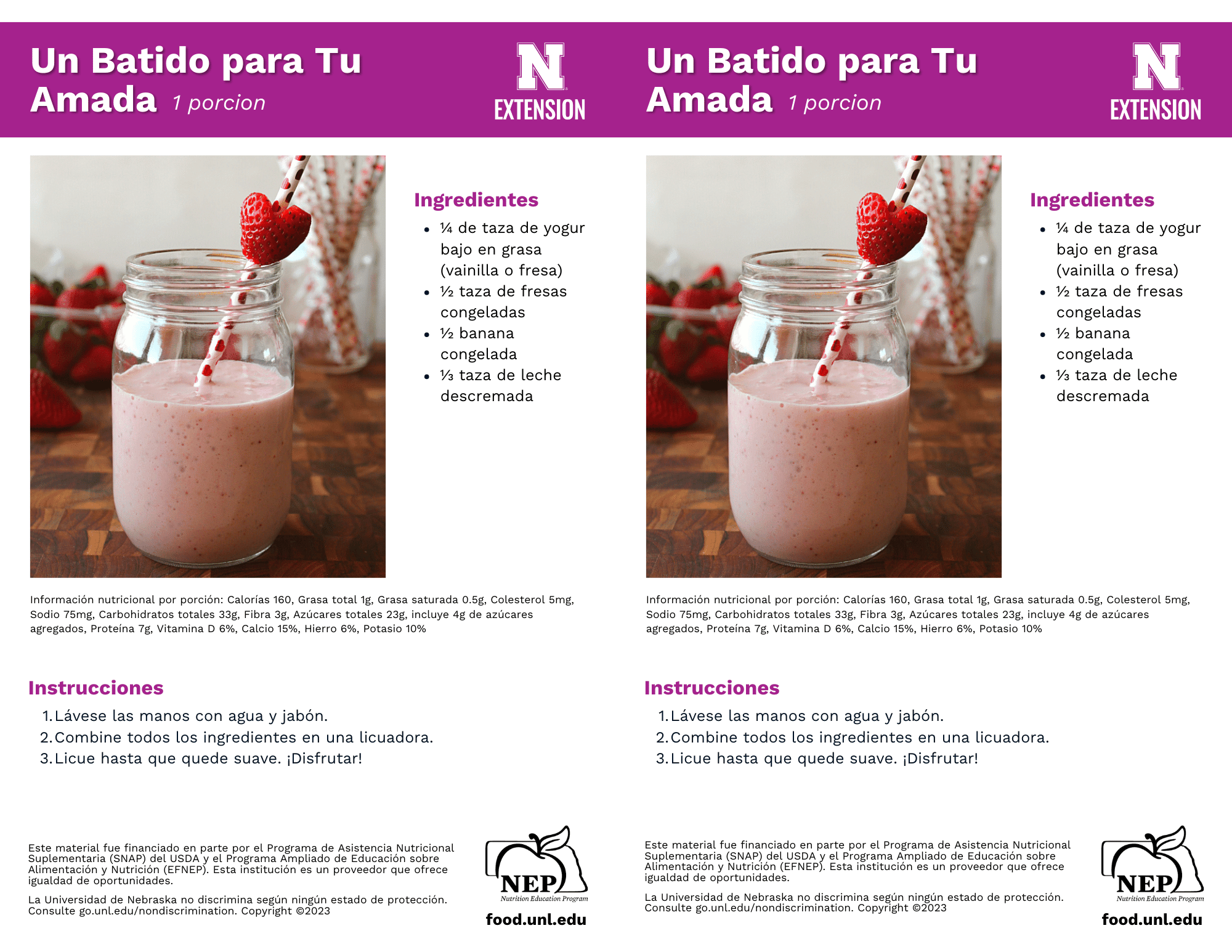 A Smoothie for Your Sweetheart Recipe Handouts - Spanish
