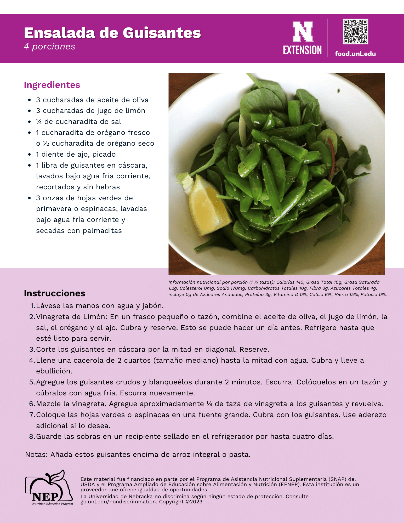 Snap Pea Salad Recipe Handout - Spanish