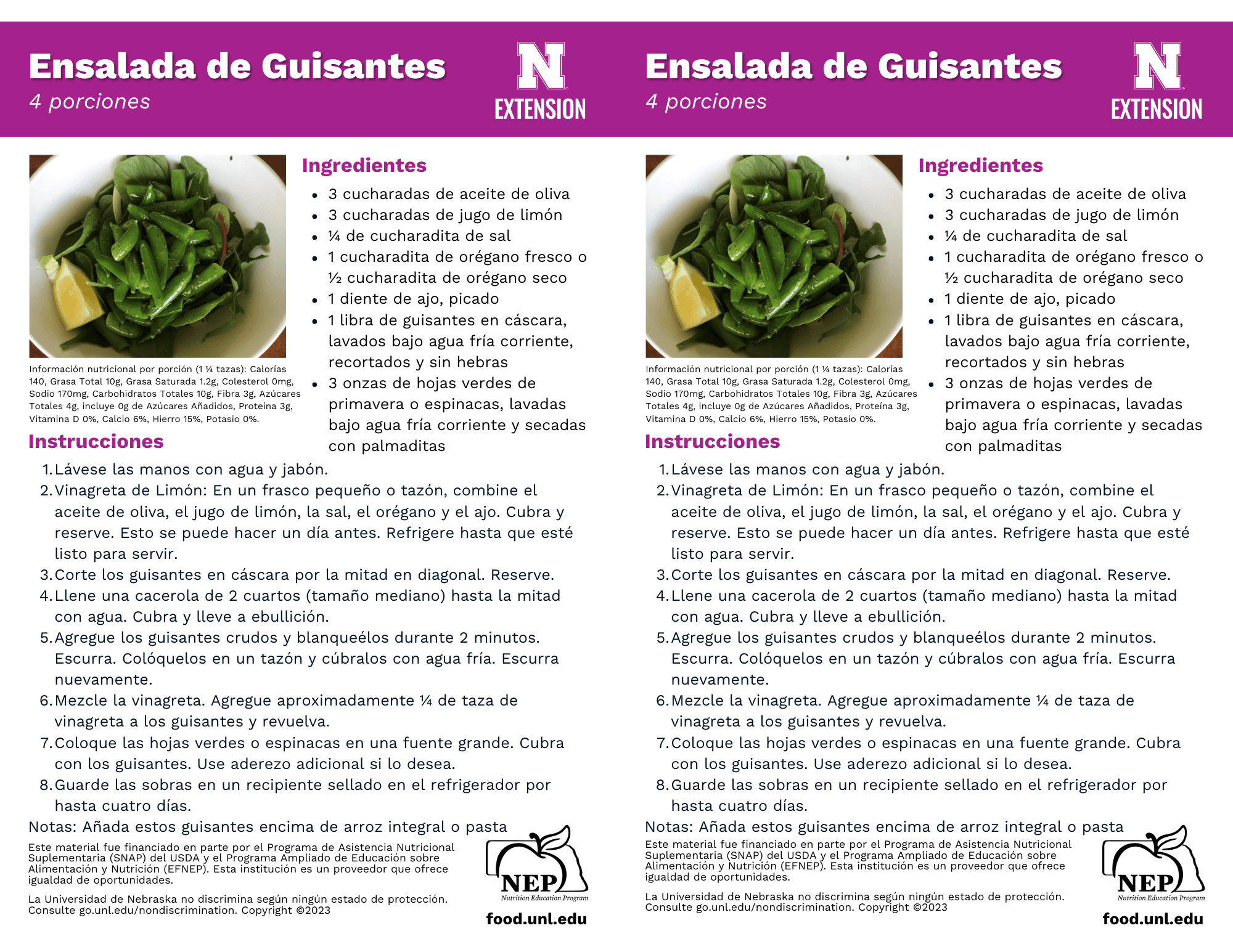 Snap Pea Salad Recipe Handouts - Spanish