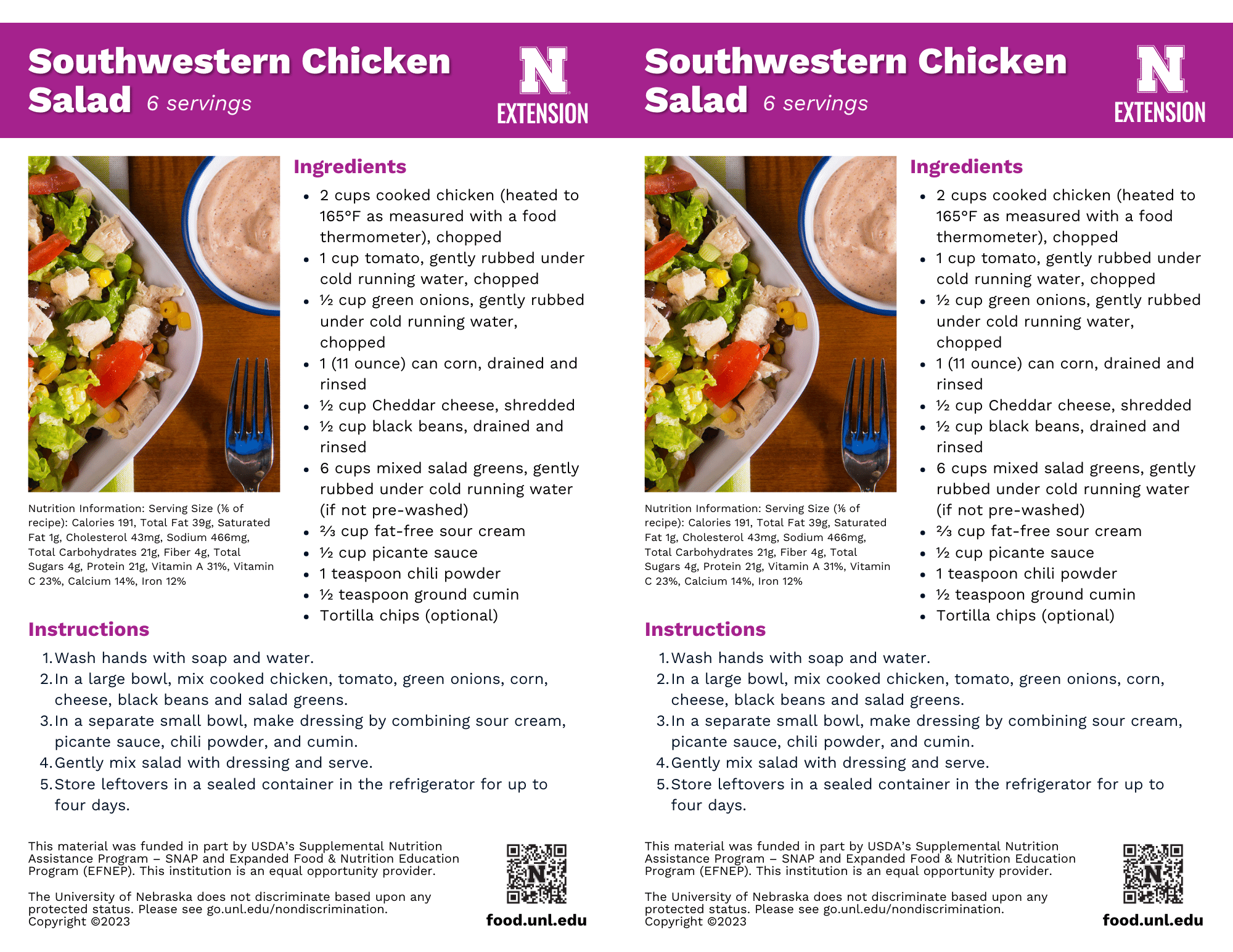 Southwestern Chicken Salad Recipe Handouts