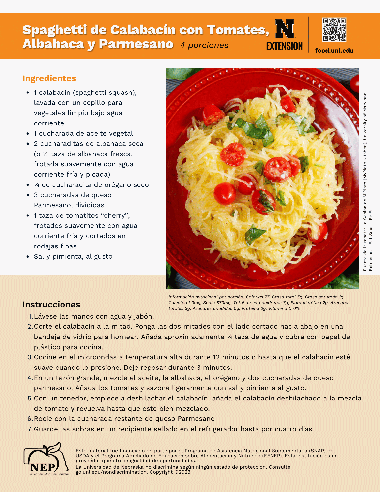 Spaghetti Squash with Tomatoes and Basil Recipe Handout - Spanish