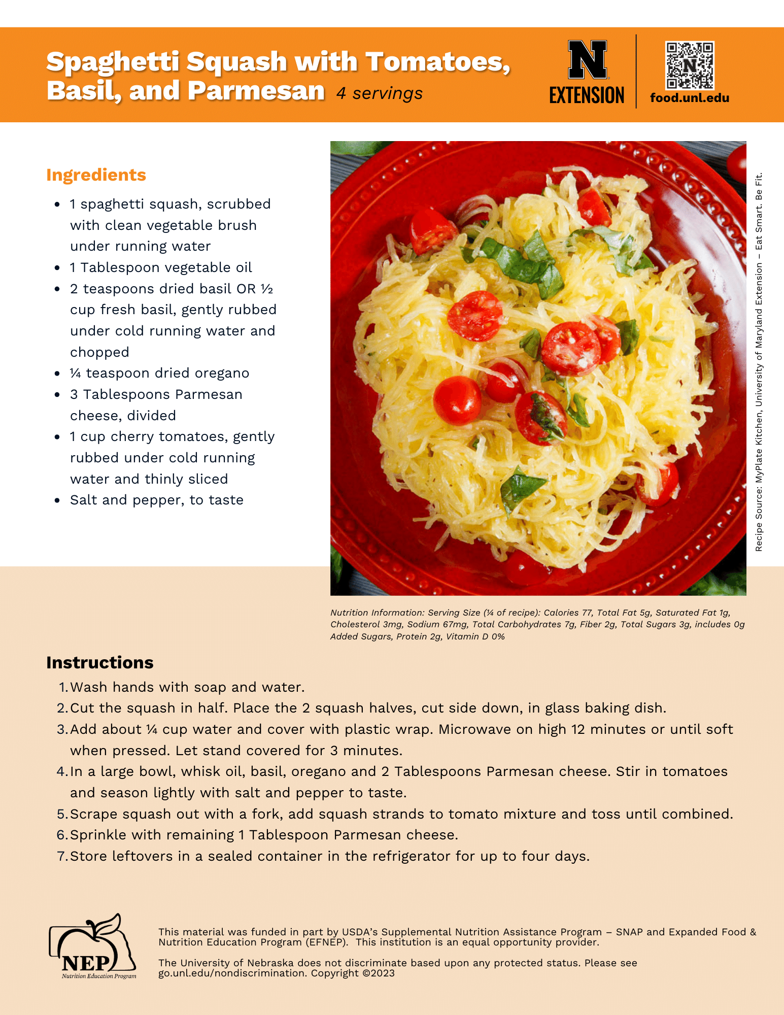Spaghetti Squash with Tomatoes and Basil Recipe Handout