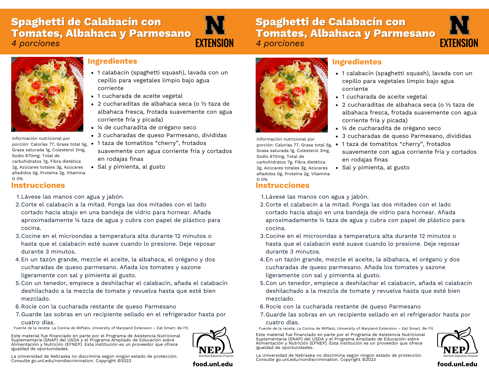 Spaghetti Squash with Tomatoes and Basil Recipe Handouts - Spanish