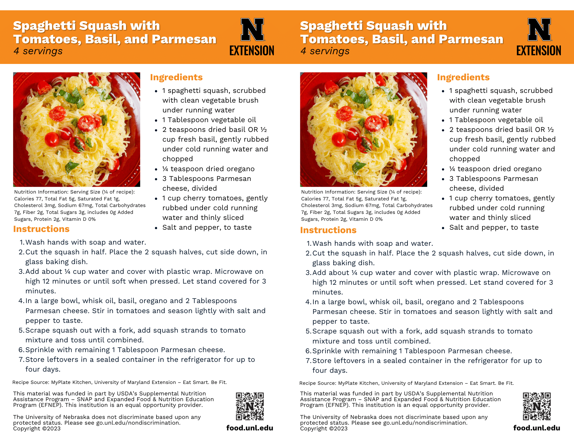 Spaghetti Squash with Tomatoes and Basil Recipe Handouts