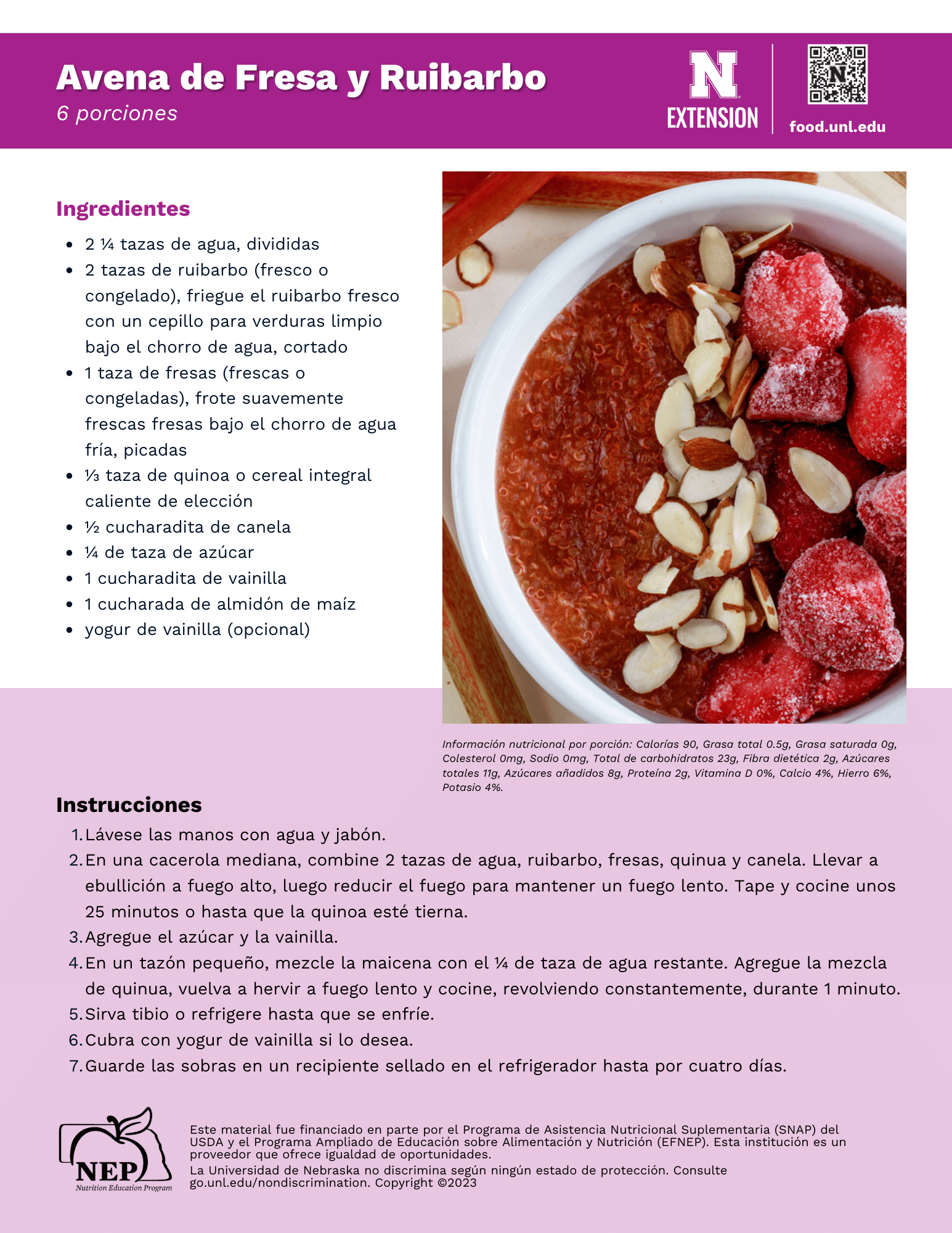 Strawberry Rhubarb Quinoa Porridge Recipe Handout - Spanish