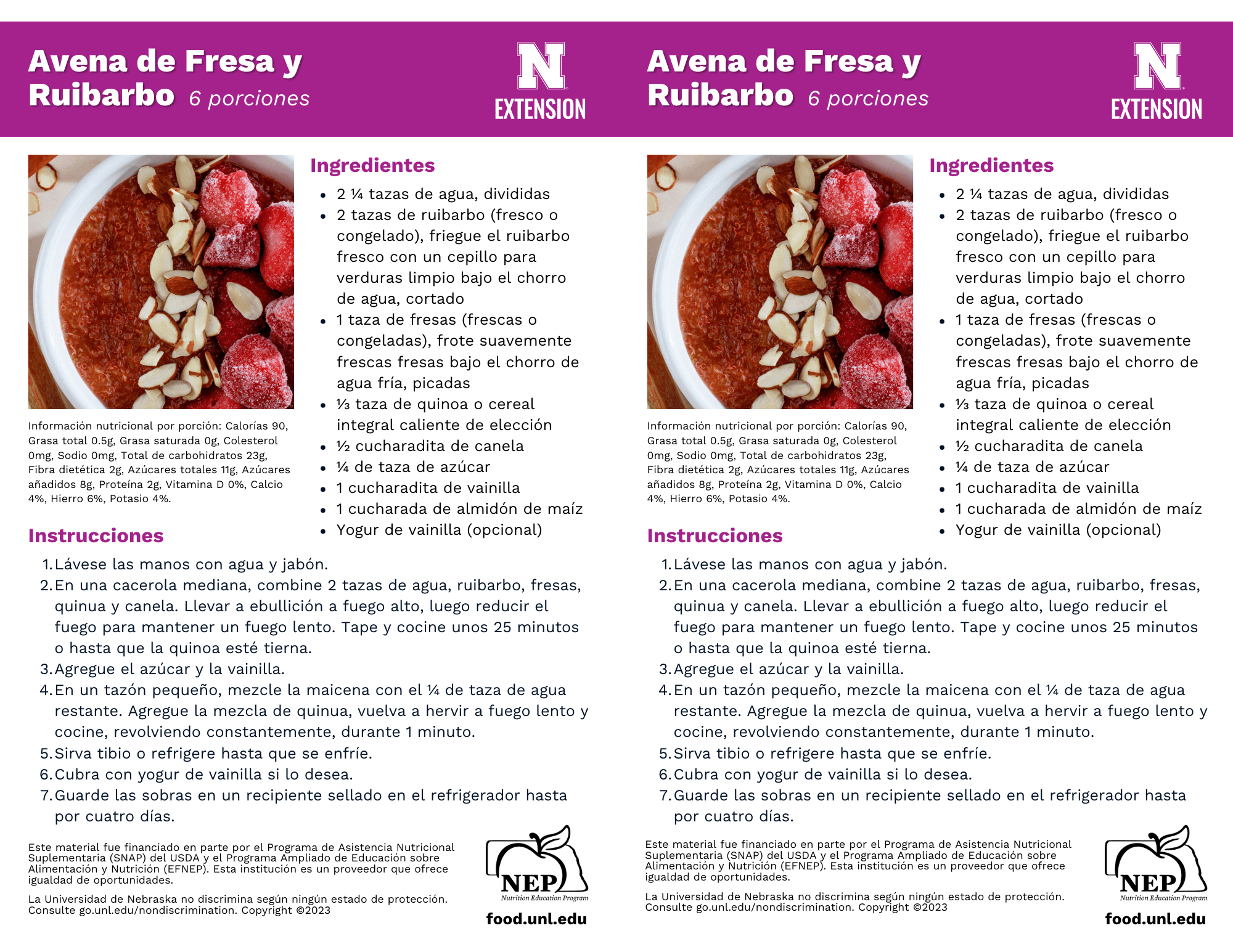Strawberry Rhubarb Quinoa Porridge Recipe Handouts - Spanish