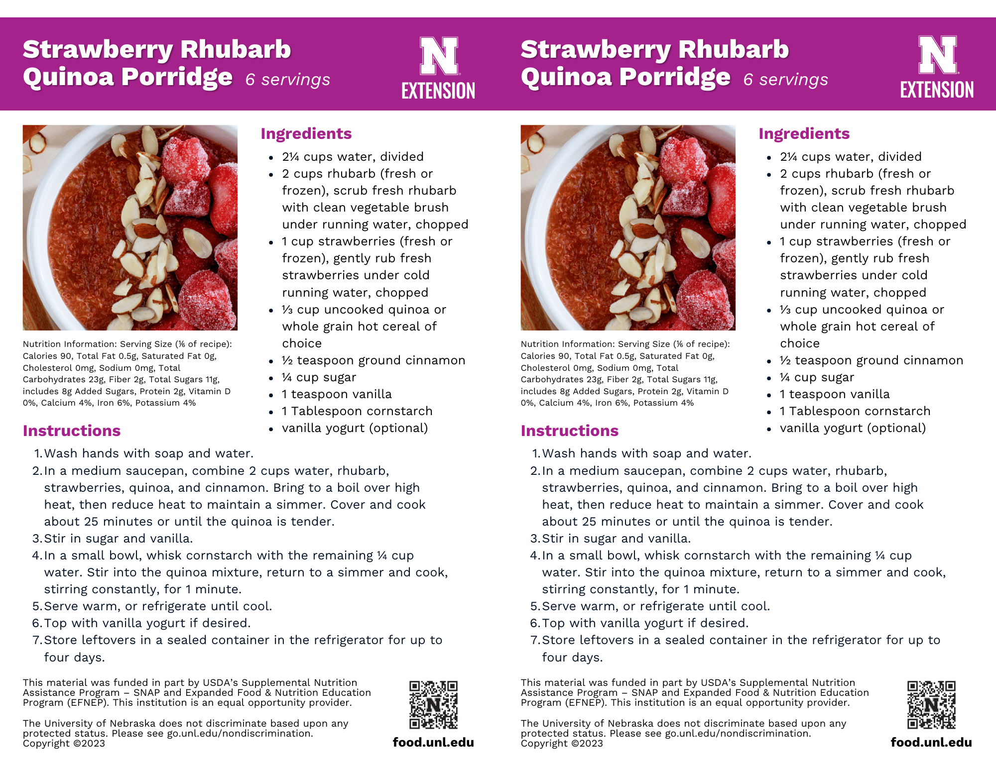 Strawberry Rhubarb Quinoa Porridge Recipe Handouts