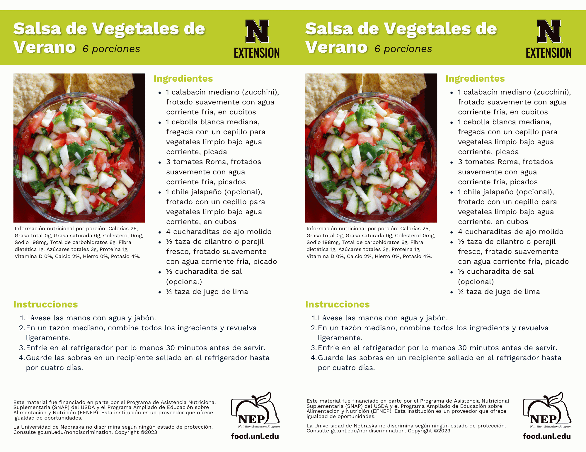 Summer Vegetable Salsa Recipe Handouts - Spanish