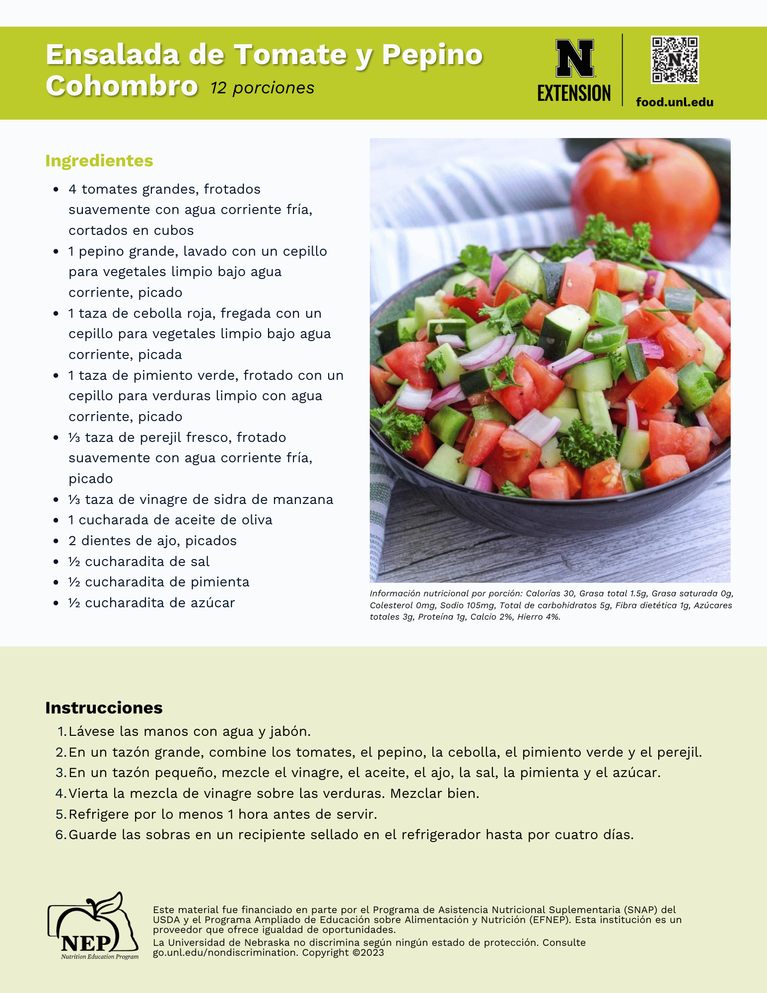 Tomato and Cucumber Salad Recipe Handout - Spanish