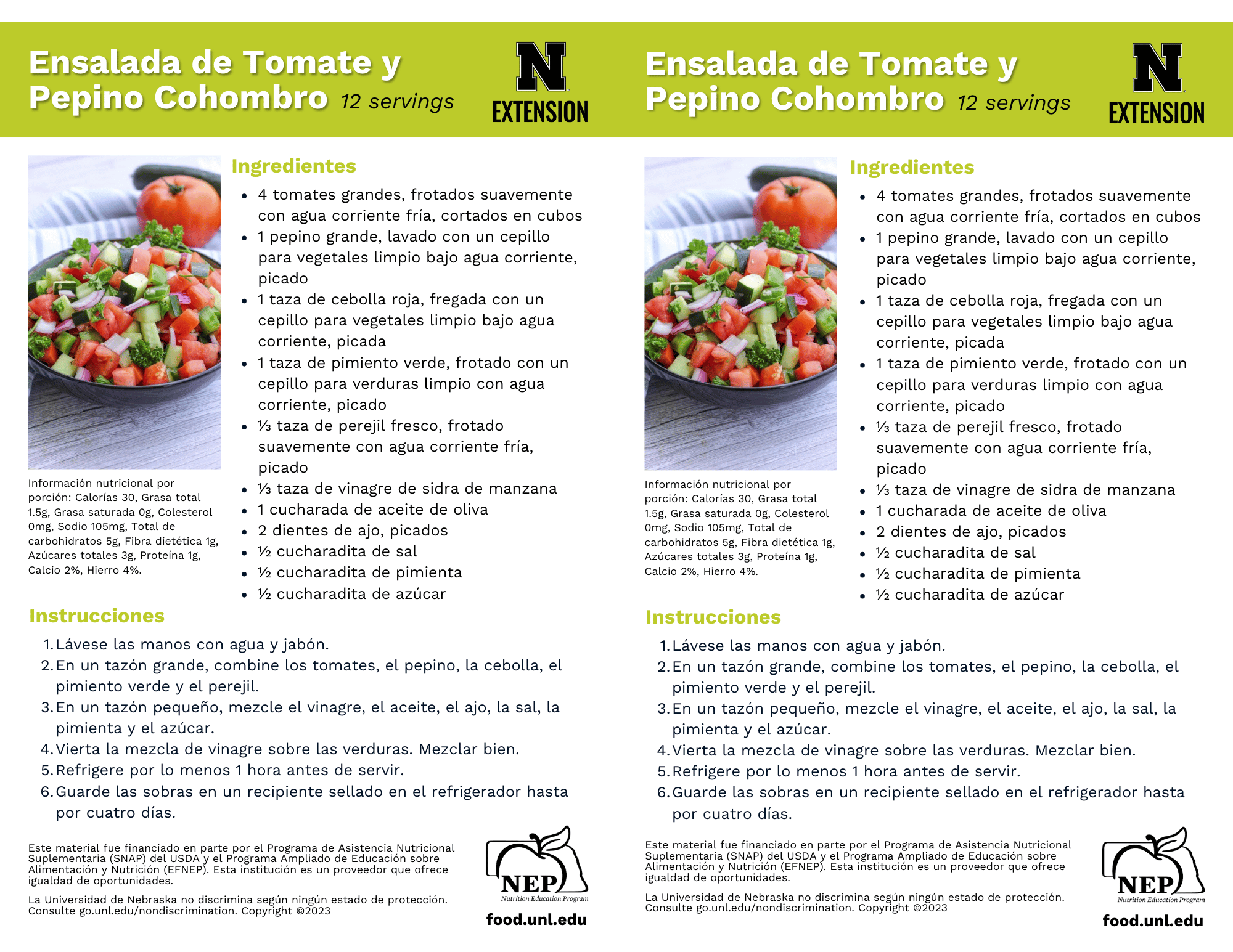 Tomato and Cucumber Salad Recipe Handouts - Spanish