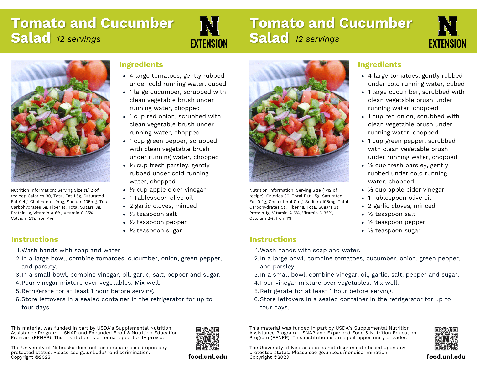 Tomato and Cucumber Salad Recipe Handouts