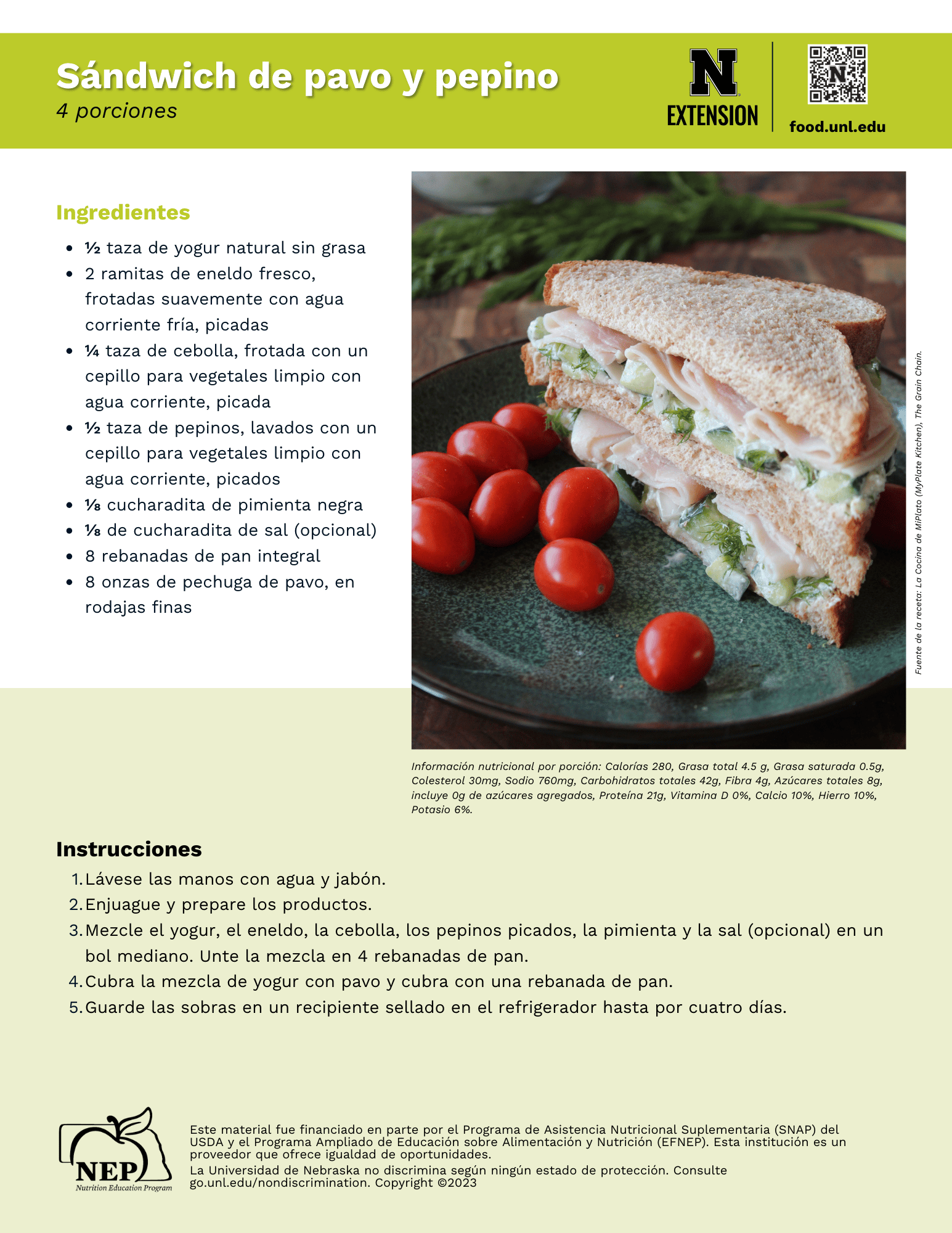 Turkey and Cucumber Sandwich Recipe Handout - Spanish