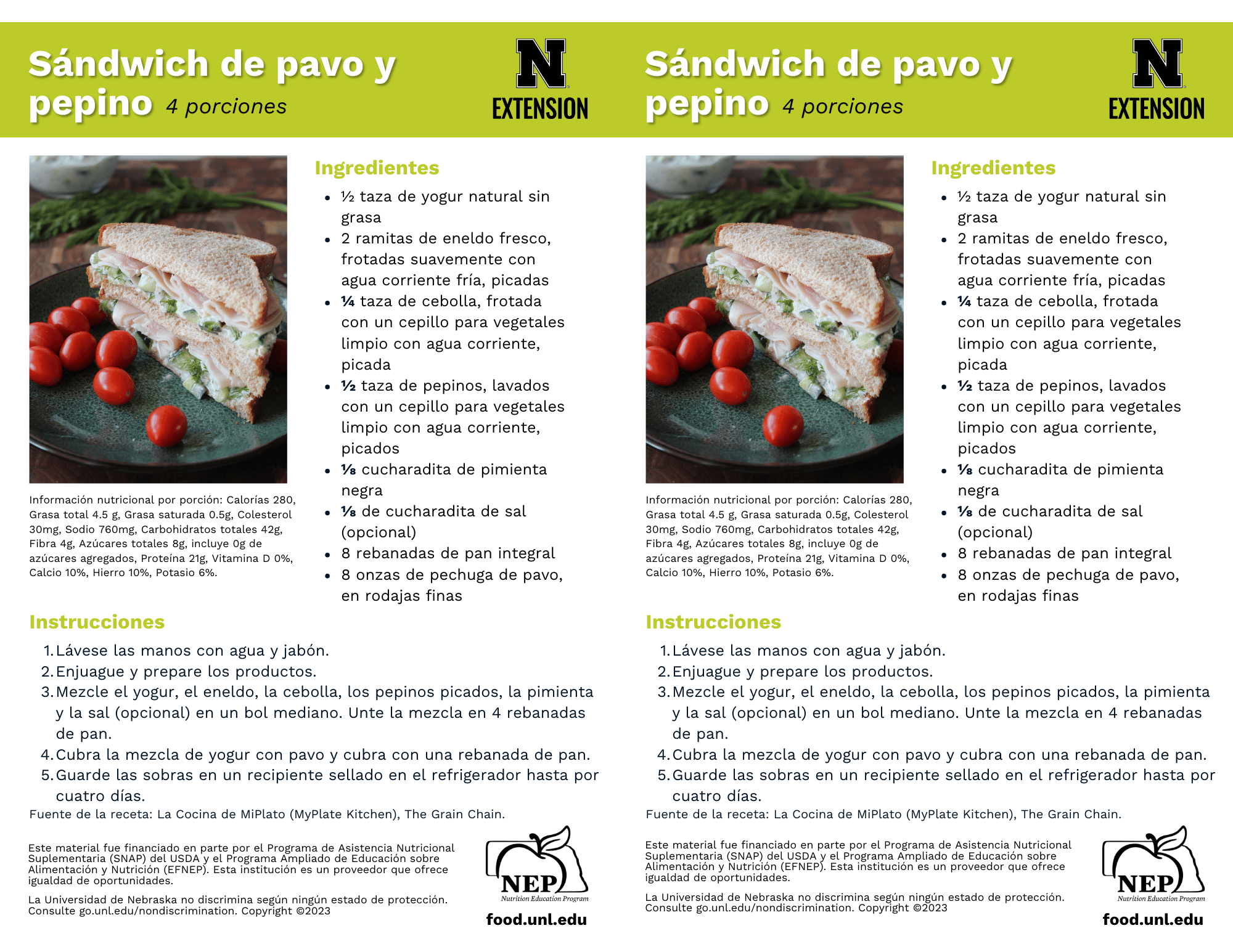 Turkey and Cucumber Sandwich Recipe Handouts - Spanish