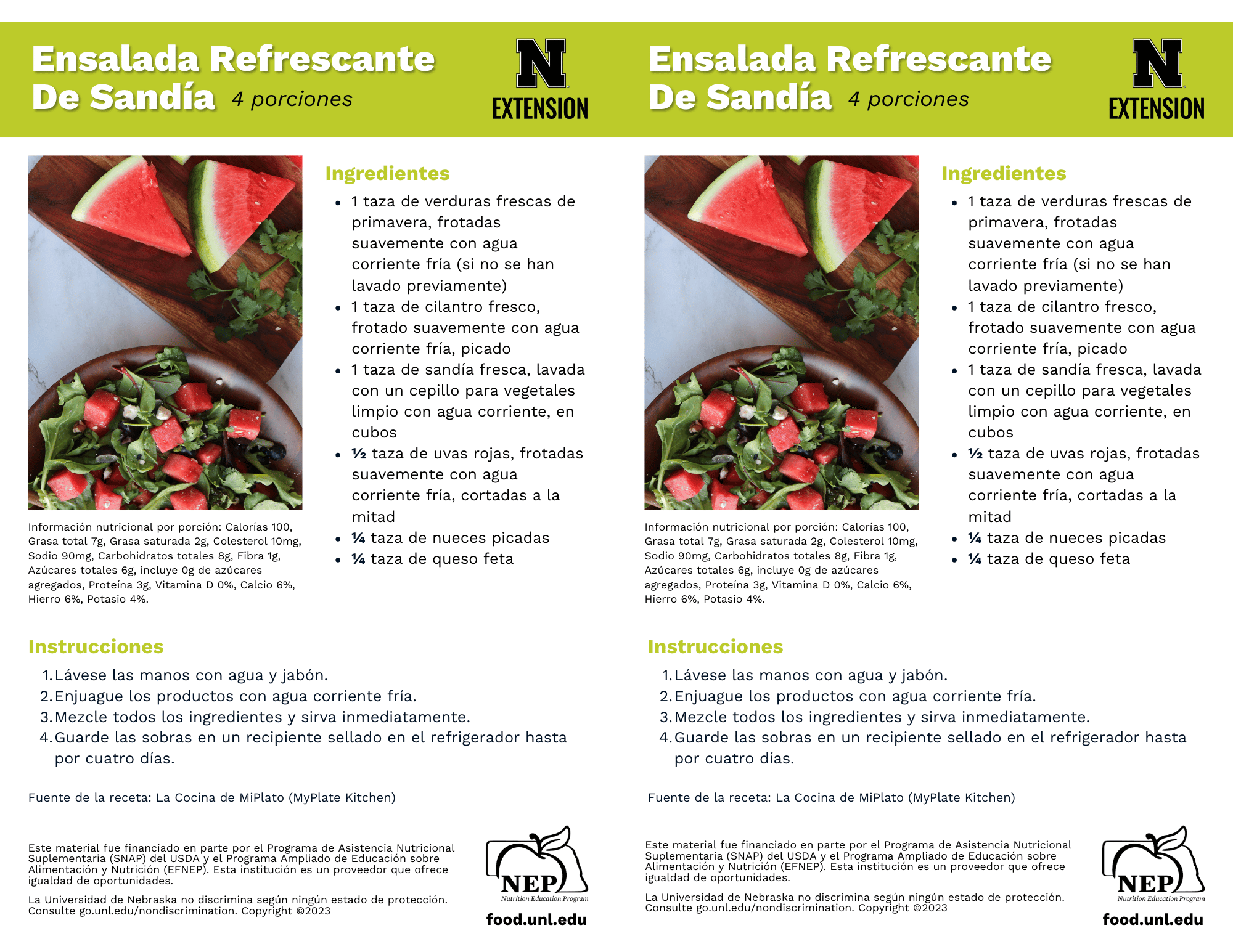 Refreshing Watermelon Salad Recipe Handouts - Spanish