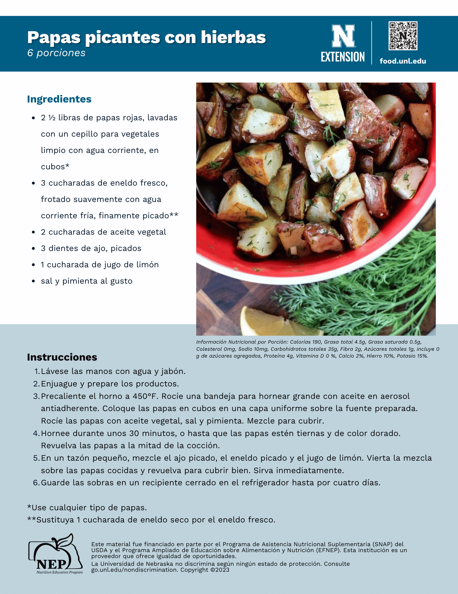 Zesty Herb Potatoes Recipe Handout - Spanish