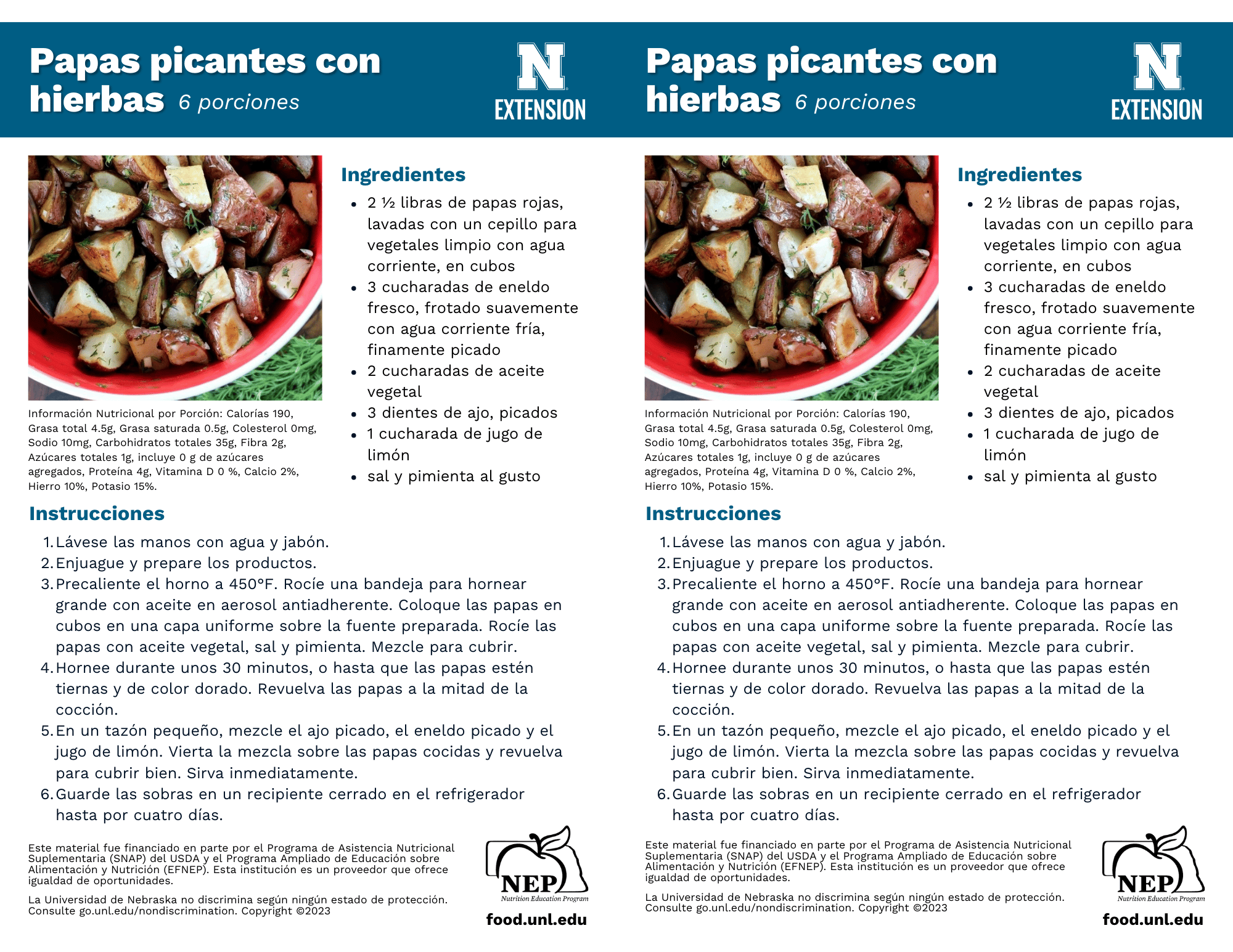 Zesty Herb Potatoes Recipe Handouts - Spanish