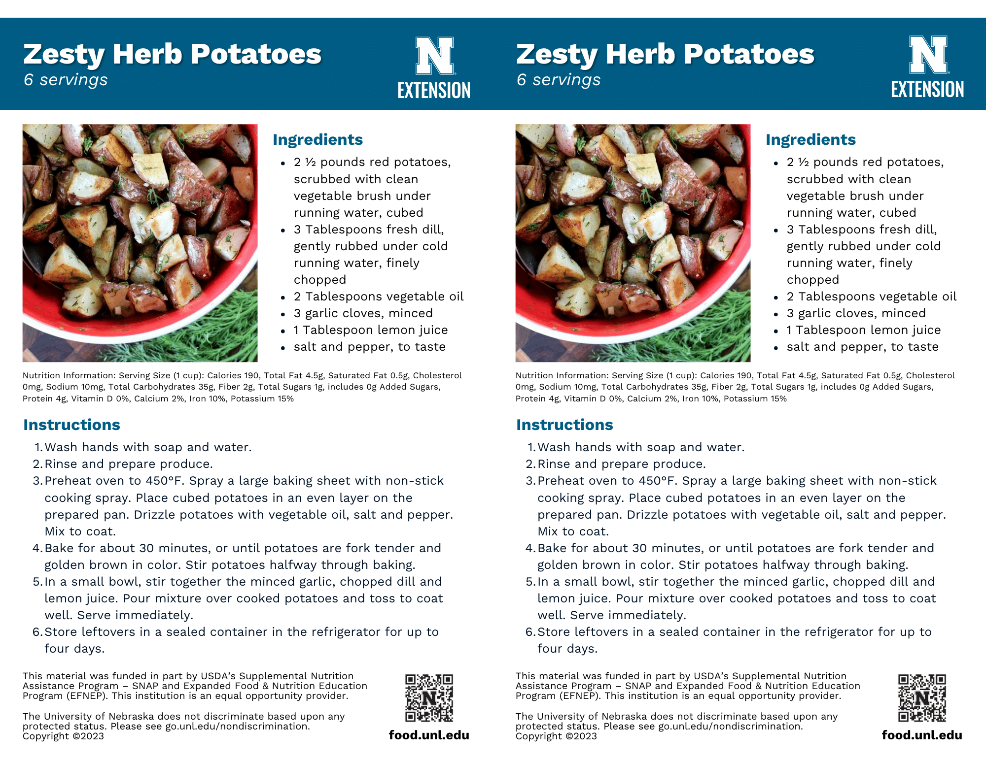 Zesty Herb Potatoes Recipe Handouts