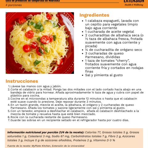 Handout - Winter Squash - Spanish - Spaghetti Squash with Tomatoes and Basil Recipe