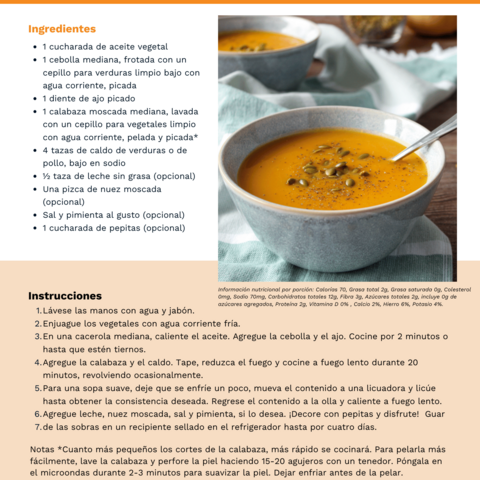 Handout - Winter Squash - Spanish - Creamy Butternut Squash Soup Recipe