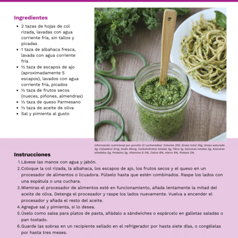 Handout - Garlic Scapes - Spanish - Kale and Garlic Scape Pesto Recipe