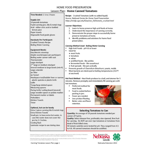 Lesson Plan - Home Canned Tomatoes