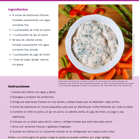 Handout - Spinach - Spanish - Low Fat Spinach Dip Recipe