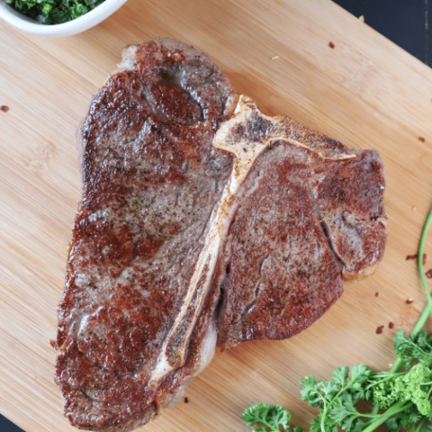 Pan Seared T-Bone Steak with Chimichurri Sauce