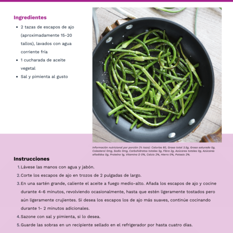 Handout - Garlic Scapes - Spanish - Sautéed Garlic Scapes Recipe