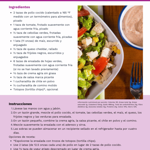 Handout - Leafy Salad Greens - Spanish - Southwestern Chicken Salad Recipe