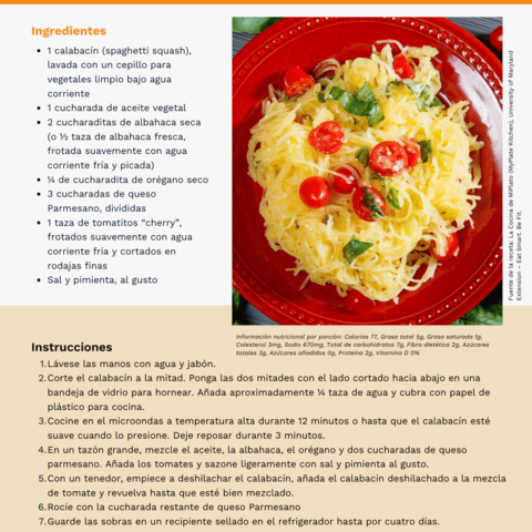 Handout - Winter Squash - Spanish - Spaghetti Squash with Tomatoes and Basil Recipe