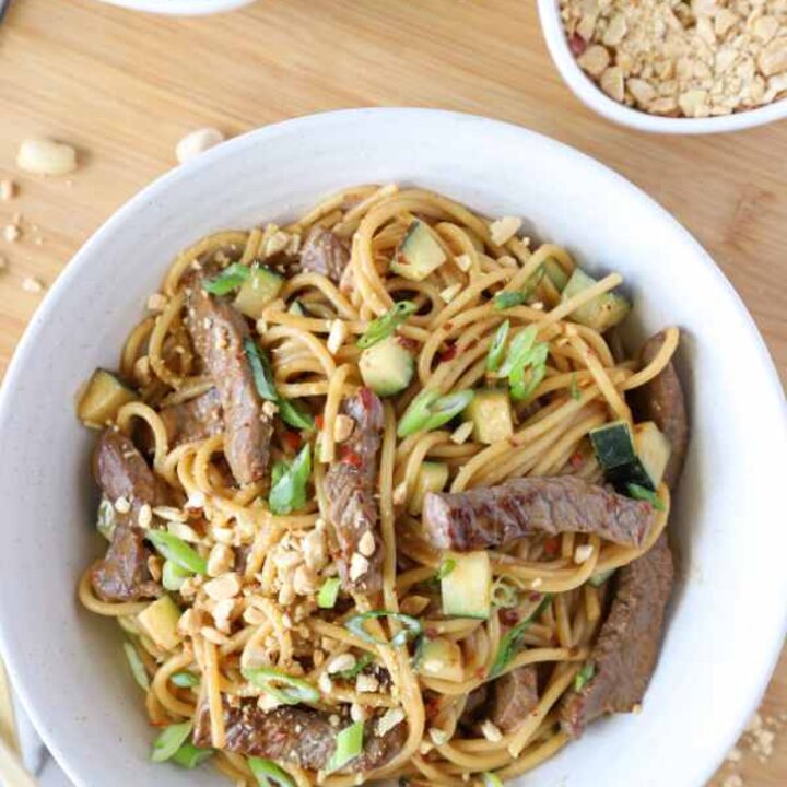 Beef and pasta in a bowl