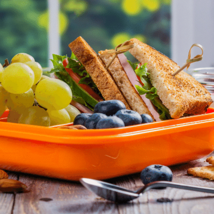 kids lunchbox with sandwich, fruits, veggies, crackers, and nuts