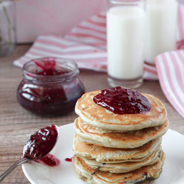 Pancake stack with raspberry jam