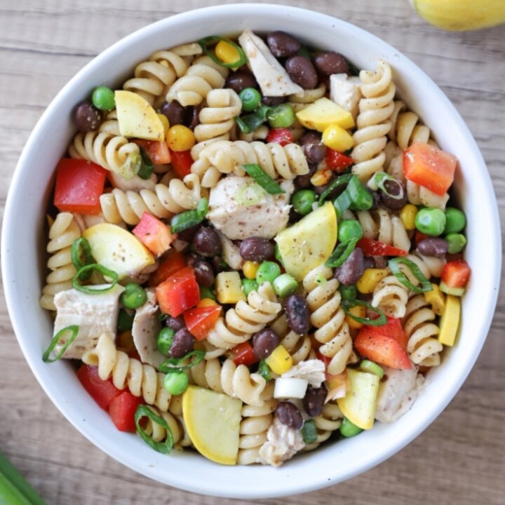 Chicken pasta salad in a bowl