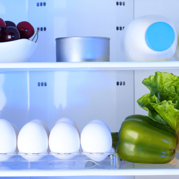 refrigerator open with milk, eggs, fruit, and vegetables