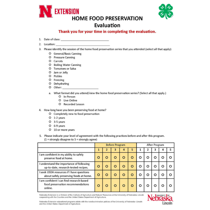 evaluation for home food preservation lessons