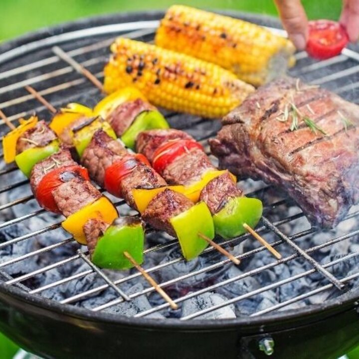 grilled kabobs, corn, steak