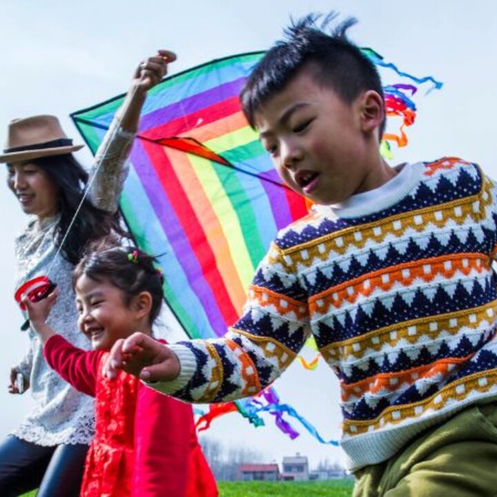 family flying a kite