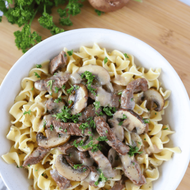 Beef Stroganoff over egg noodles