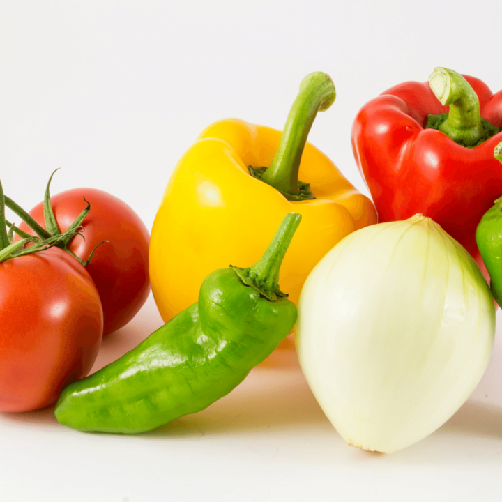 onions, peppers and tomatoes