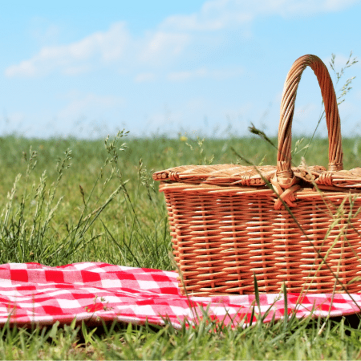 picnic basket on a blanked on green grass with a blue sky