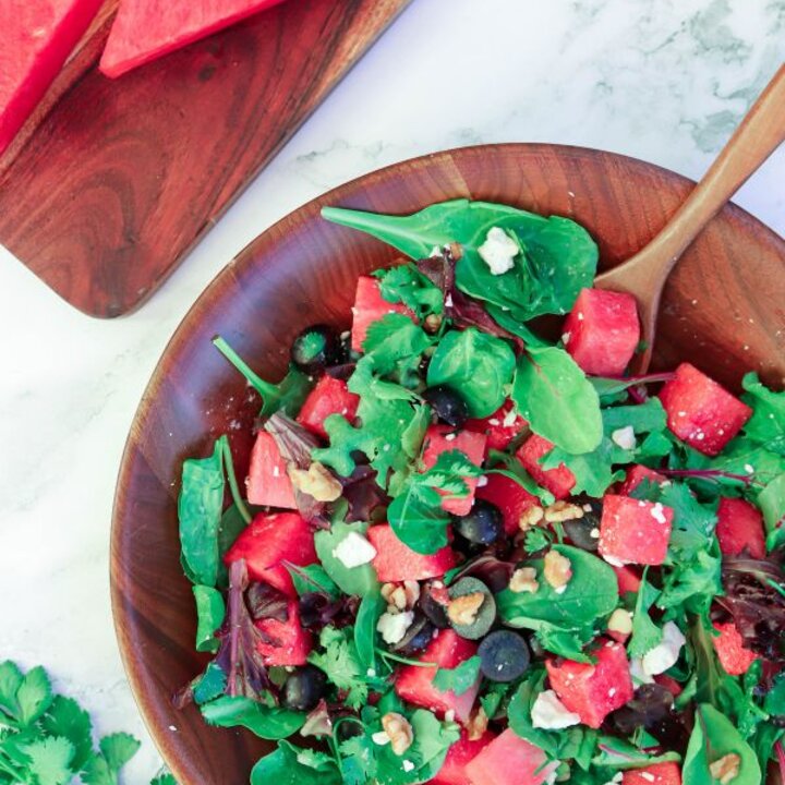 Refreshing watermelon salad with spring greens