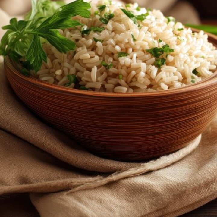brown rice in a brown bowl with parsley