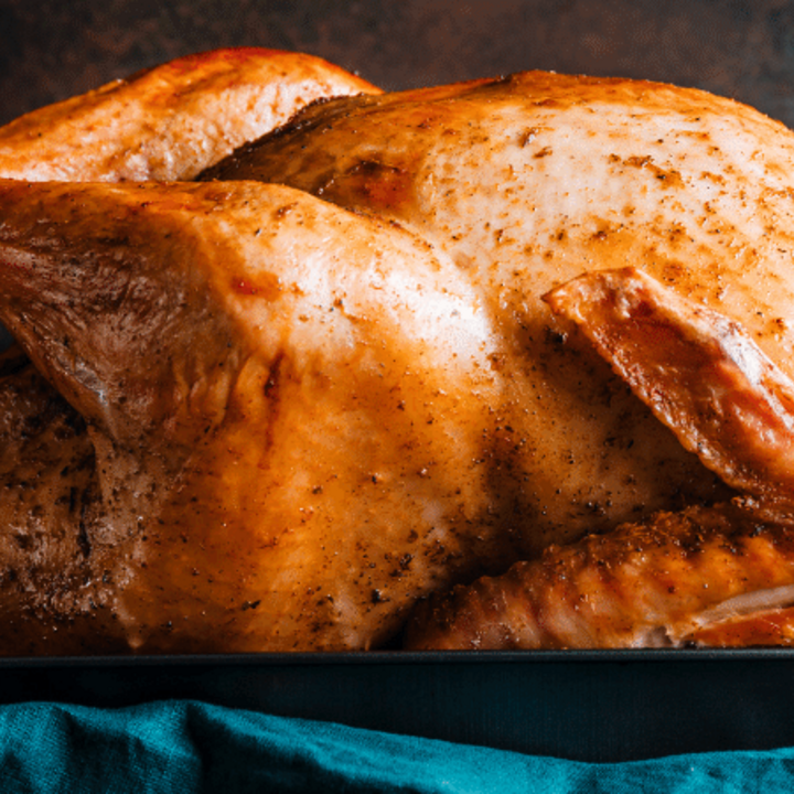 Roasted whole turkey in a pan