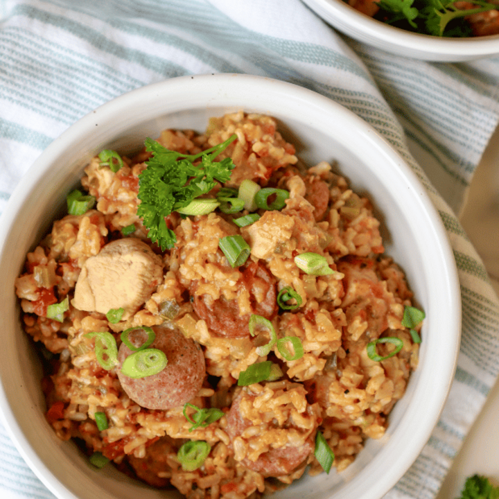 Bowl of sausage and chicken jambalaya