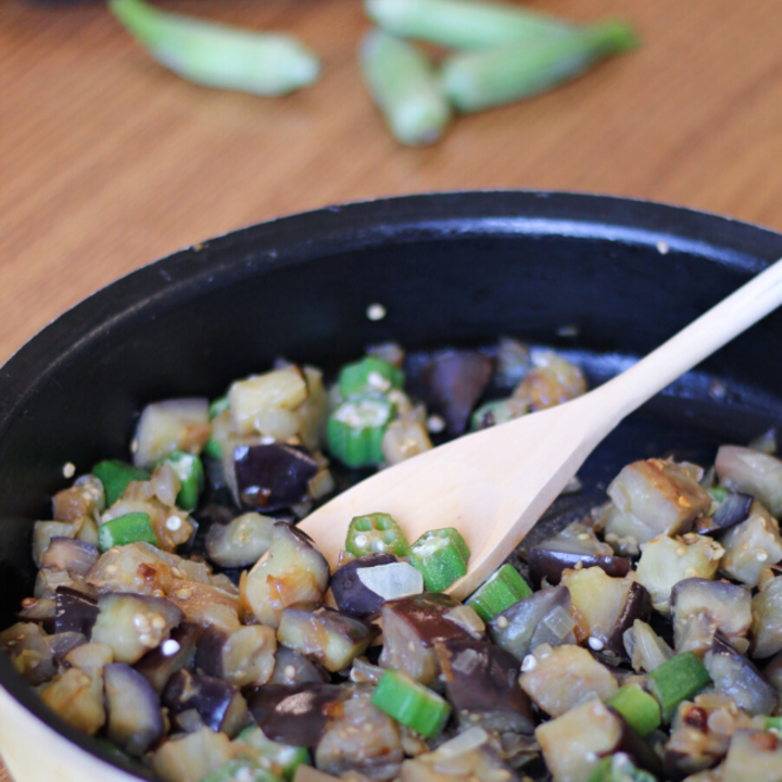 Sauteed Eggplant and Okra in a skillet