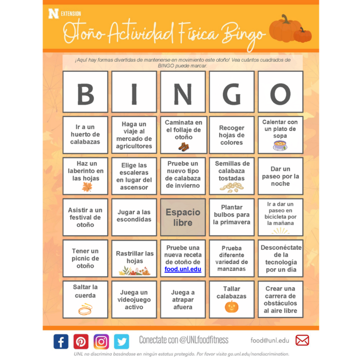 fall spanish physical activity bingo card