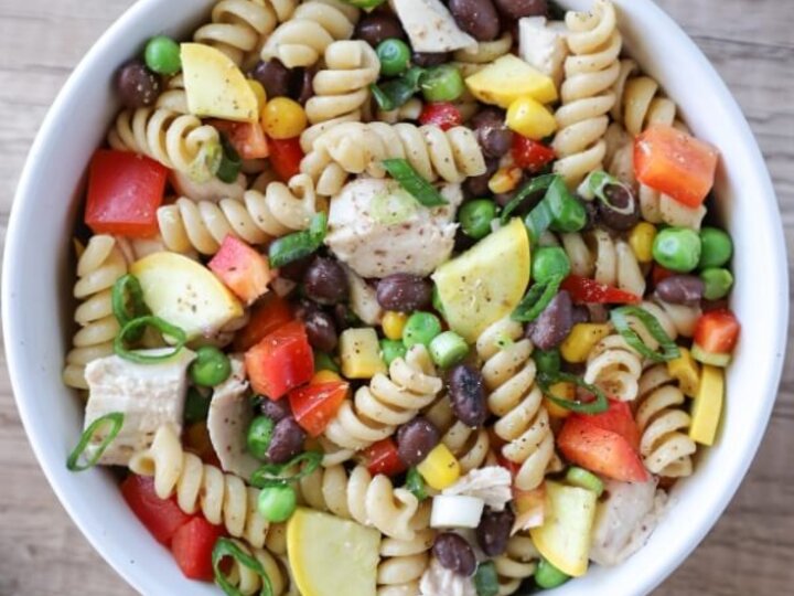 Chicken pasta salad in a bowl